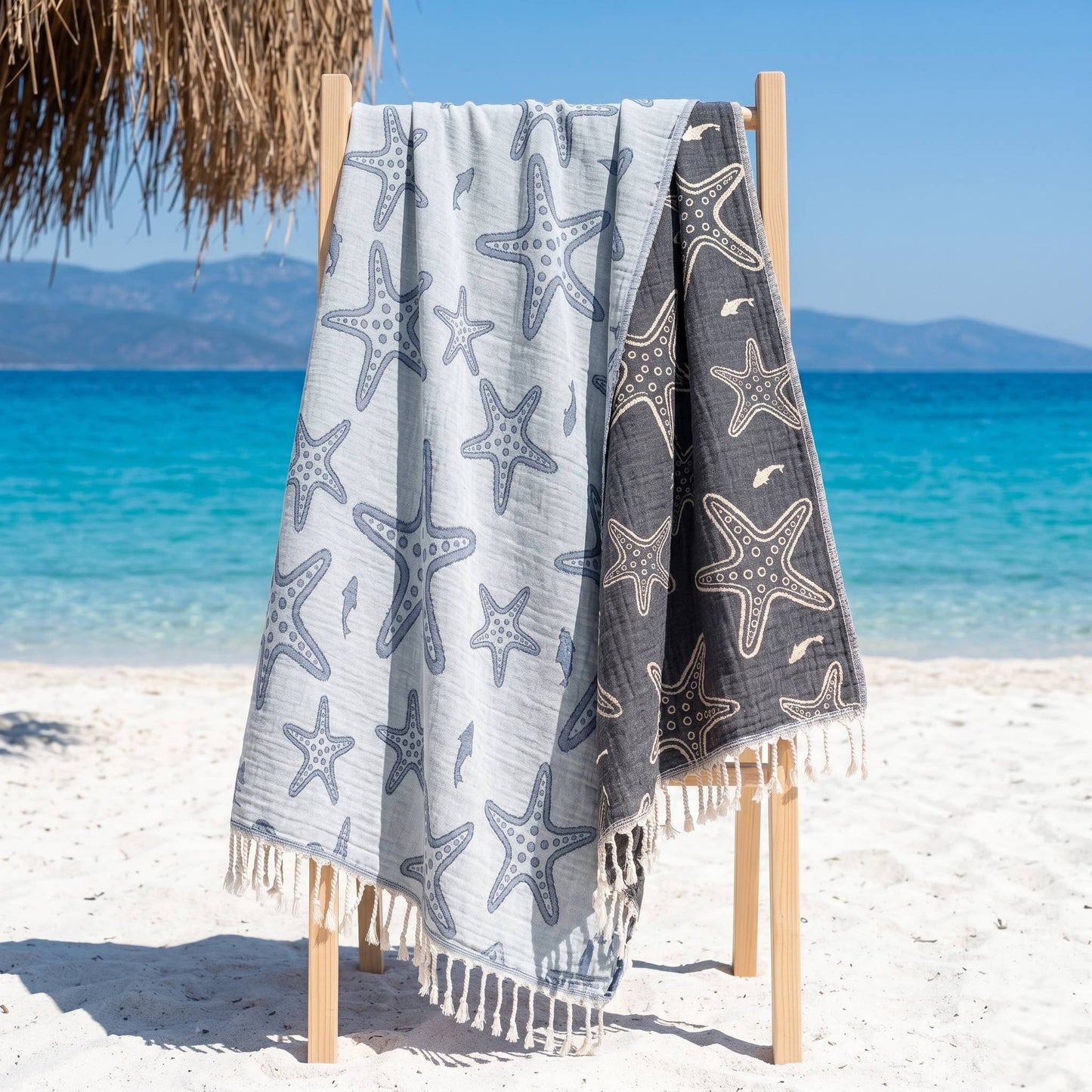 Fouta turque Étoile de mer | Peshtemal en mousseline 3 couches: Turquoise