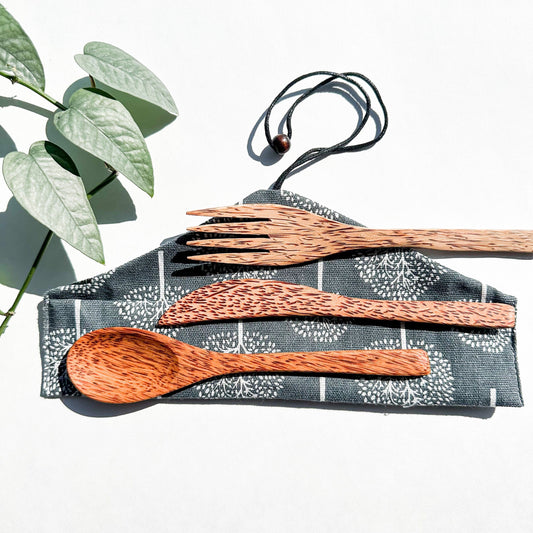 Reusable Natural Coconut Wood Cutlery set - Plastic Free Sustainable Camping Picnics Office & Lunch Box - Zero Waste Biodegradable Flatware-1
