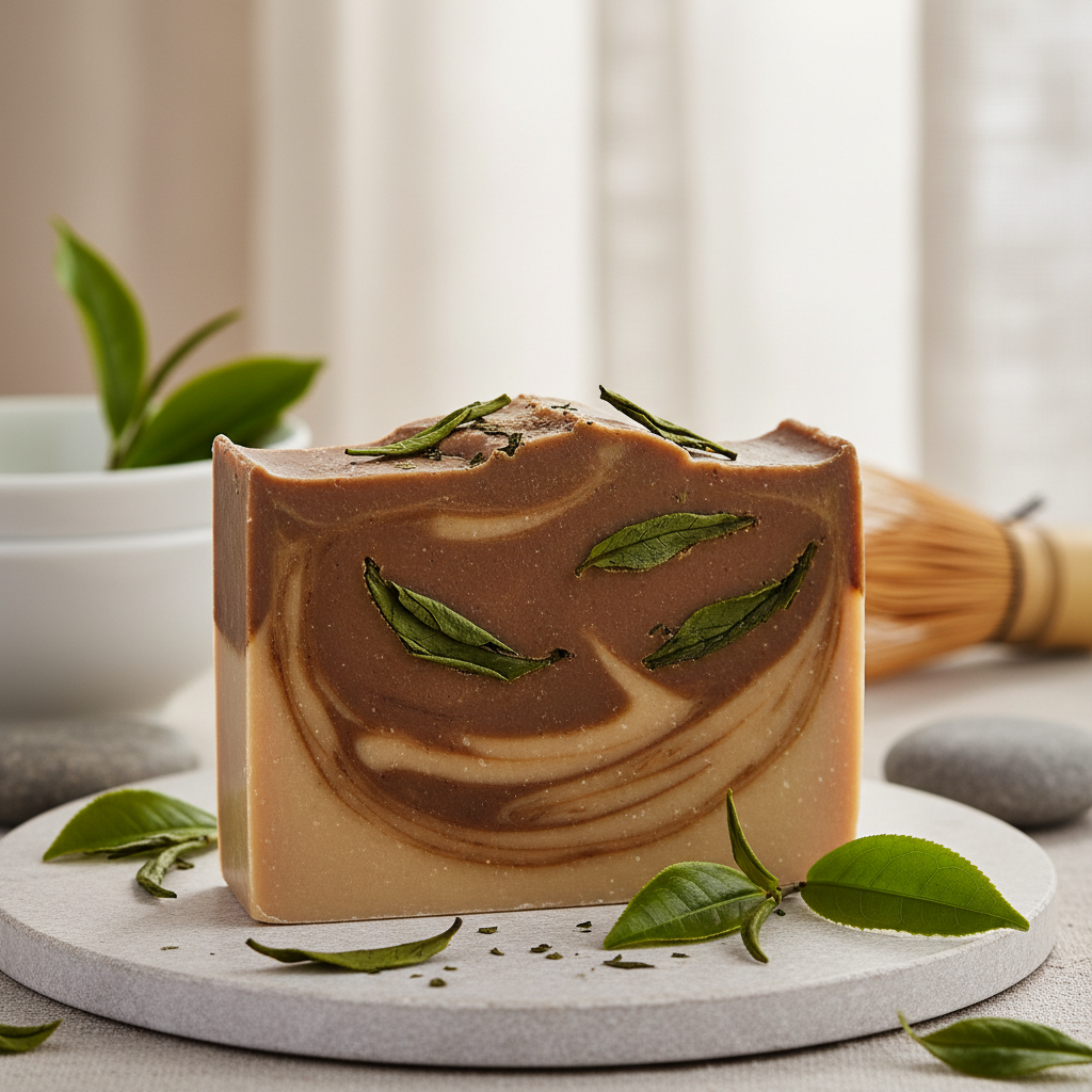 Savon Naturel moussant , Brun et beige avec feuille de thé vert