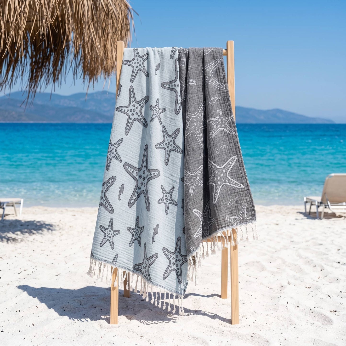 Fouta turque Étoile de mer | Peshtemal en mousseline 3 couches: Turquoise