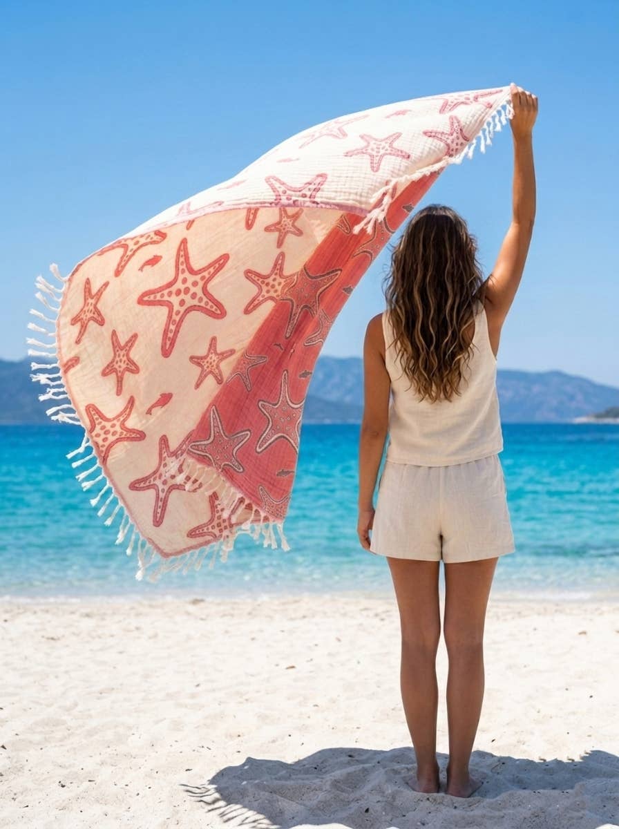 Fouta turque Étoile de mer | Peshtemal en mousseline 3 couches: Red