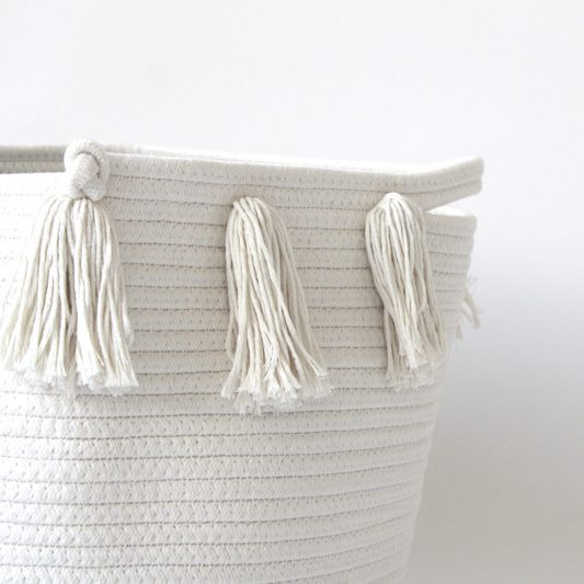 Grand Panier Bohème à Tassels — Blanc Naturel | Coton Éco-Responsable