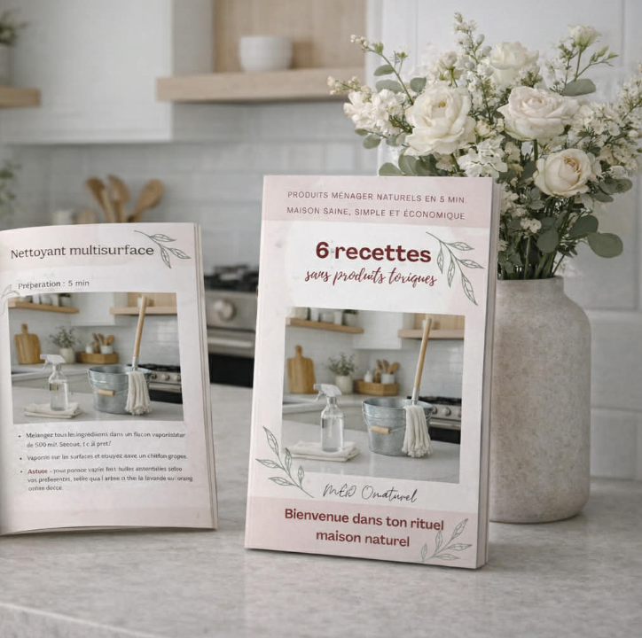 Deux guides PDF de recettes de produits ménagers naturels présentés dans une cuisine lumineuse.