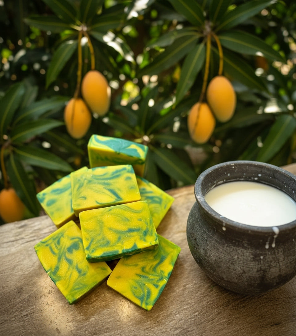 Savon en barre naturel au lait de chèvre : Ananas Mangue avec beurre de karité et argile kaolin