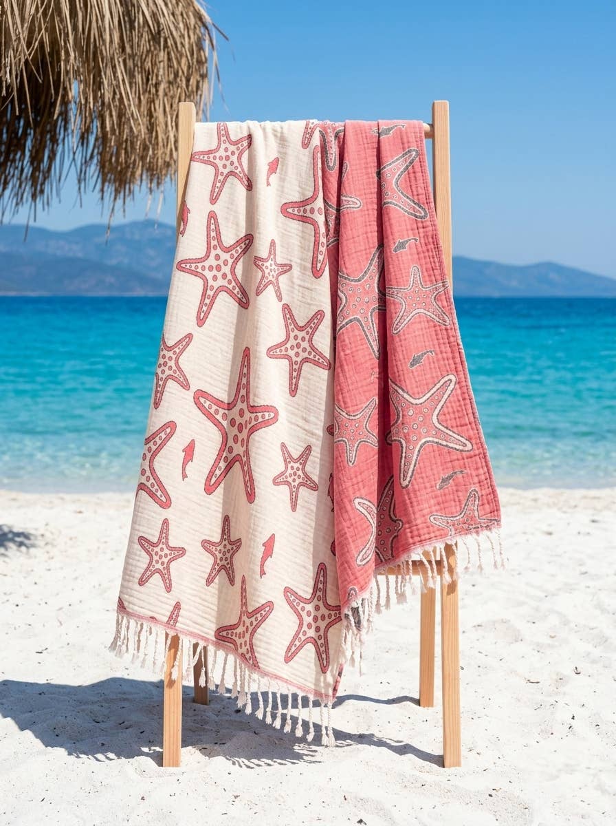 Fouta turque Étoile de mer | Peshtemal en mousseline 3 couches: Red