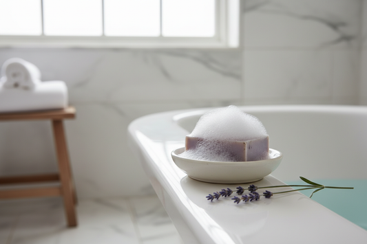 savon a la lavande mousse épaisse avec branche de lavande sur le bord du bain