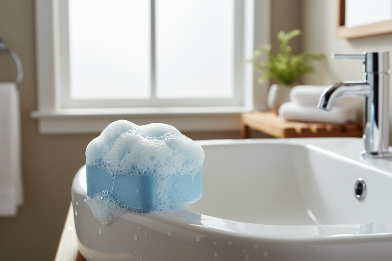 savon bleu ciel mousseux carré sur le bord d'un lavabo