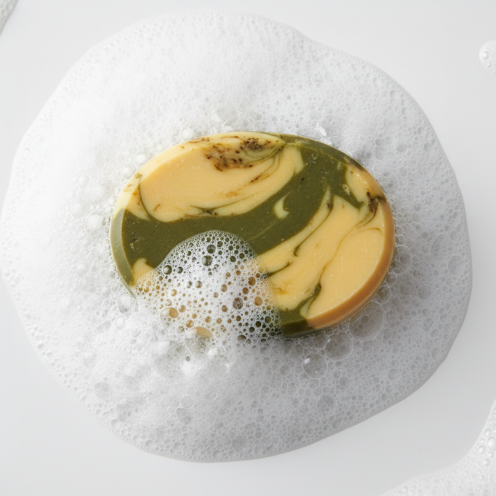 savon naturel Jaune et vert mousse abondante 